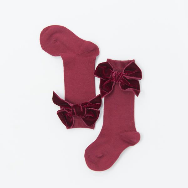 Garnet Velvet Bow Knee Socks