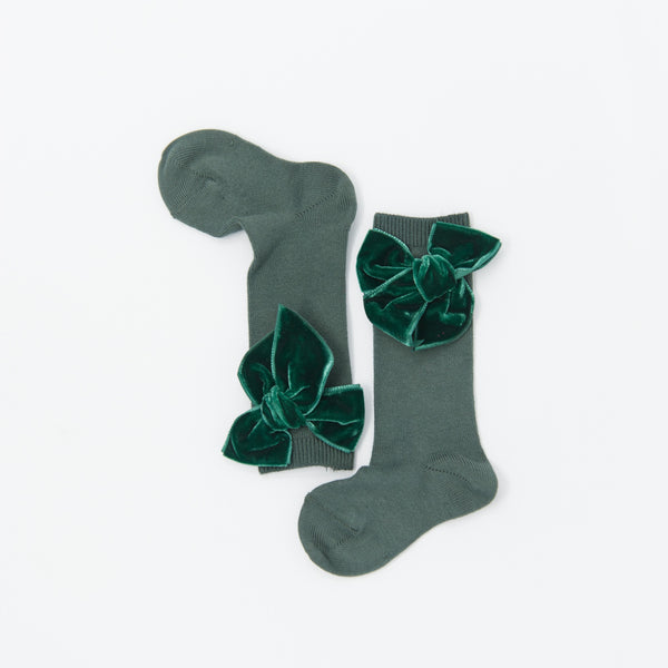 Pine Velvet Bow Knee Socks