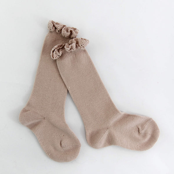Old Rose Knee Socks With Lace Trim