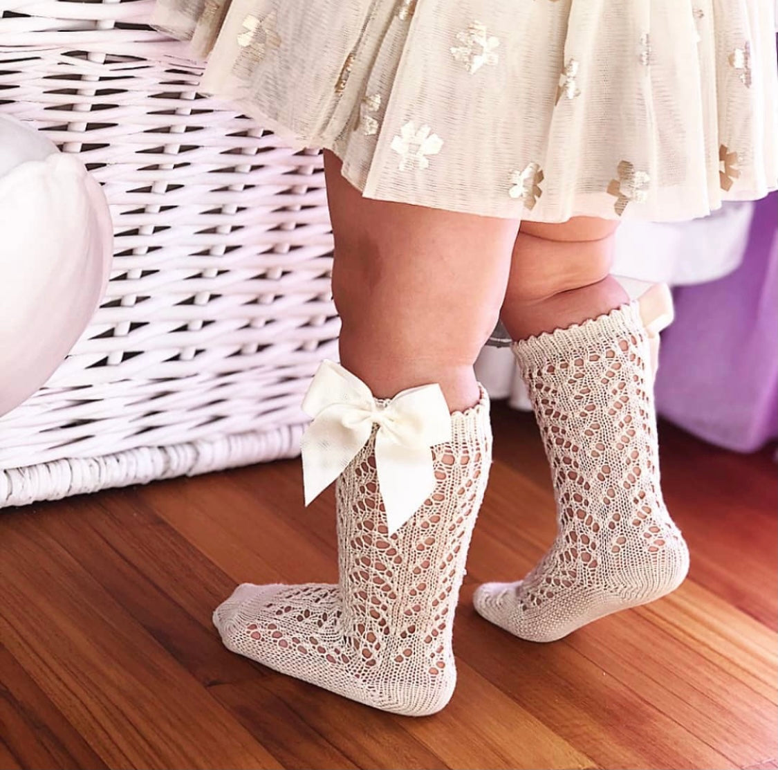 Linen Crochet Knee Socks with Bow  Children socks by the Spanish label  Condor – littlelightfeet