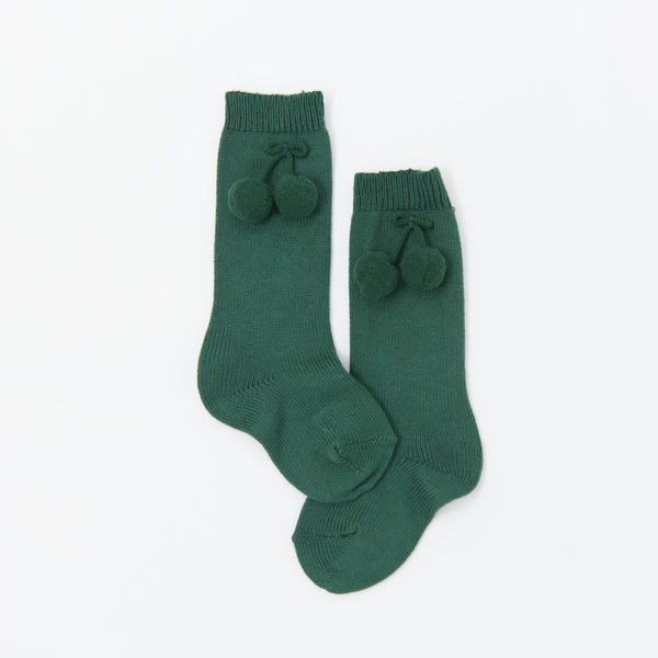 Bottle Green Pom Pom Knee Socks