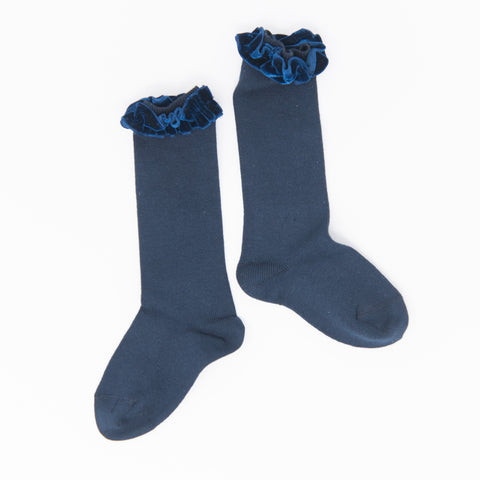 Navy Knee Socks with Velvet Ruffle