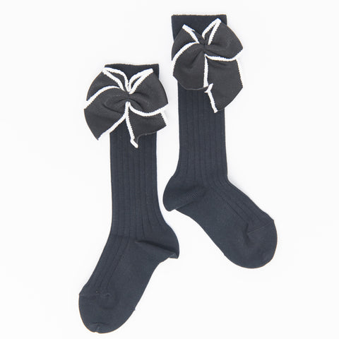 Black Ribbed Knee Socks with Contrast Color Trim Bow
