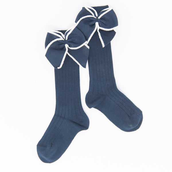 Navy Ribbed Knee Socks with Contrast Color Trim Bow