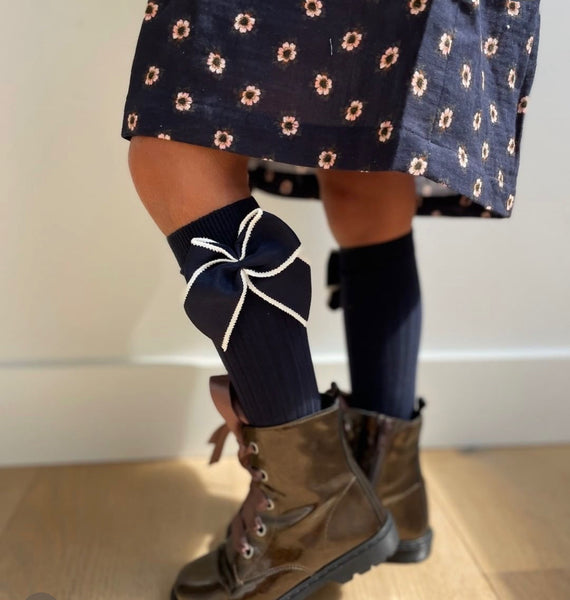 Navy Ribbed Knee Socks with Contrast Color Trim Bow