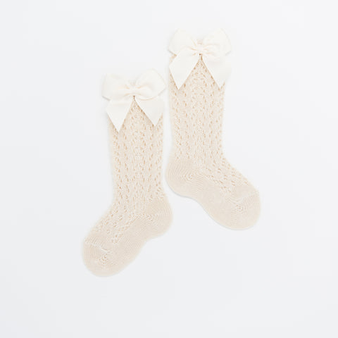 Linen Crochet Knee Socks with Bow